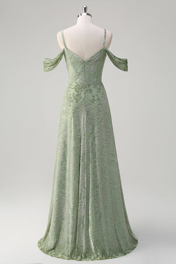 Dusty Sage A-Line Ombro frio Jacquard vestido longo dama de honra com fenda